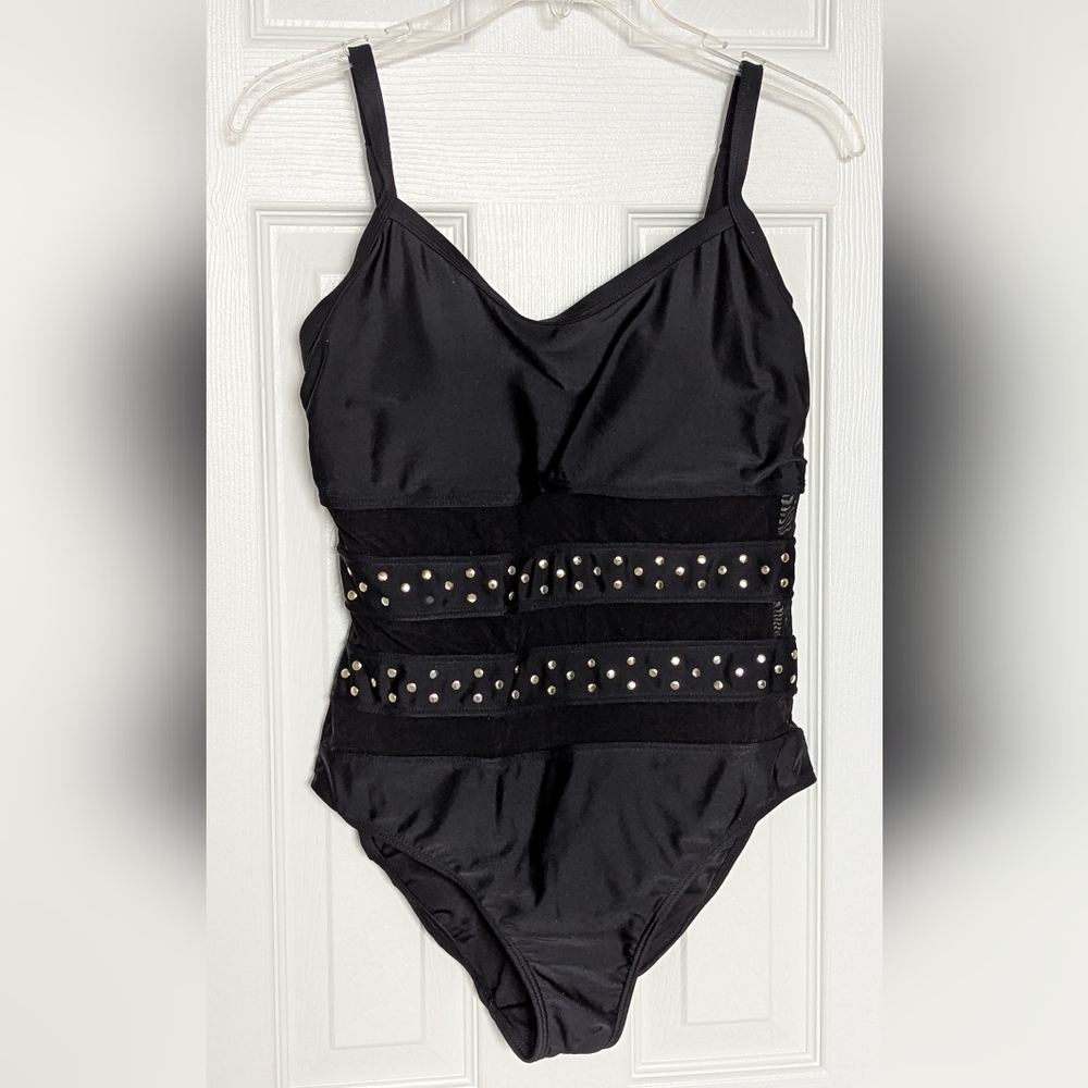 Simon Chang Women's (10) Black Swimsuit/Bathing Suit w/ Mesh & Gold Stud Accents